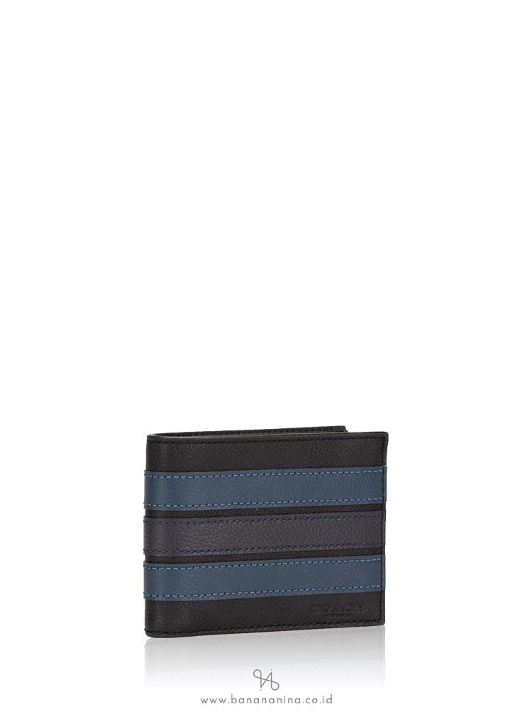 COACH Men 26171 Slim Varsity Leather Billfold Wallet Black Denim Midnight Navy