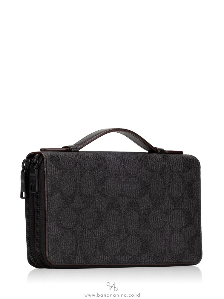 COACH Men 25528 Signature Double Zip Travel Clutch Black Oxblood