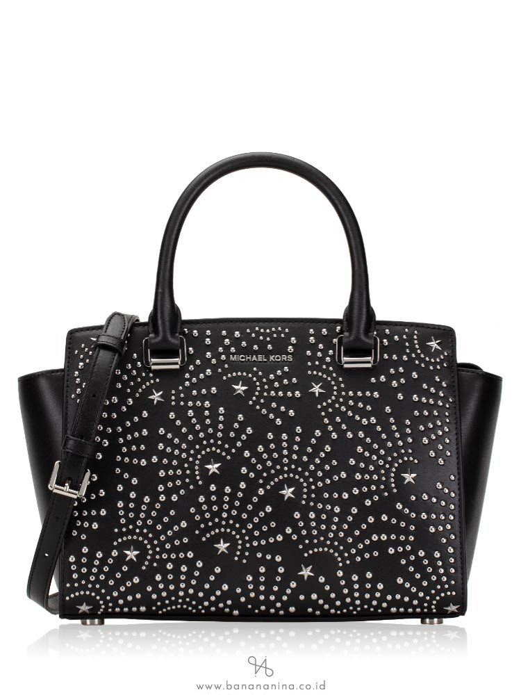 MICHAEL KORS Selma Studded Medium Leather Satchel Black Silver Star