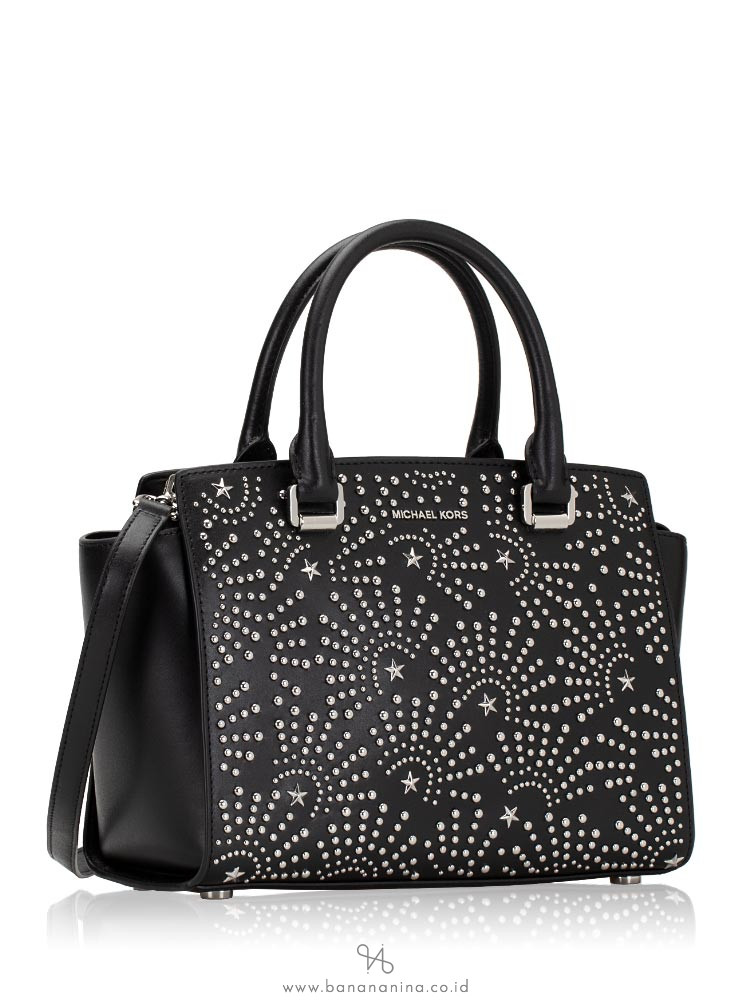 MICHAEL KORS Selma Studded Medium Leather Satchel Black Silver Star