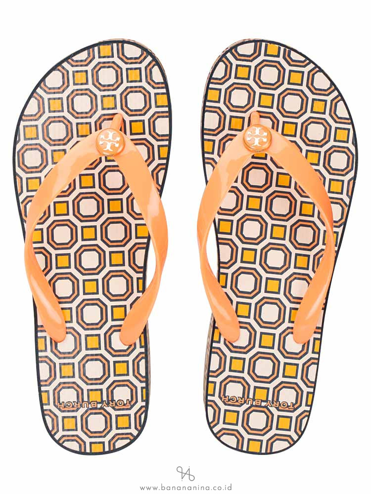 TORY BURCH Printed Cut Out Wedge Flip Flops Melon Pink Octagon Sz 7
