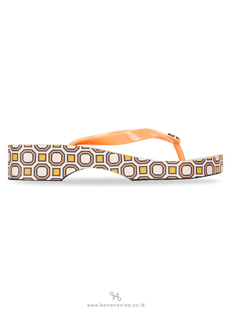 TORY BURCH Printed Cut Out Wedge Flip Flops Melon Pink Octagon Sz 7