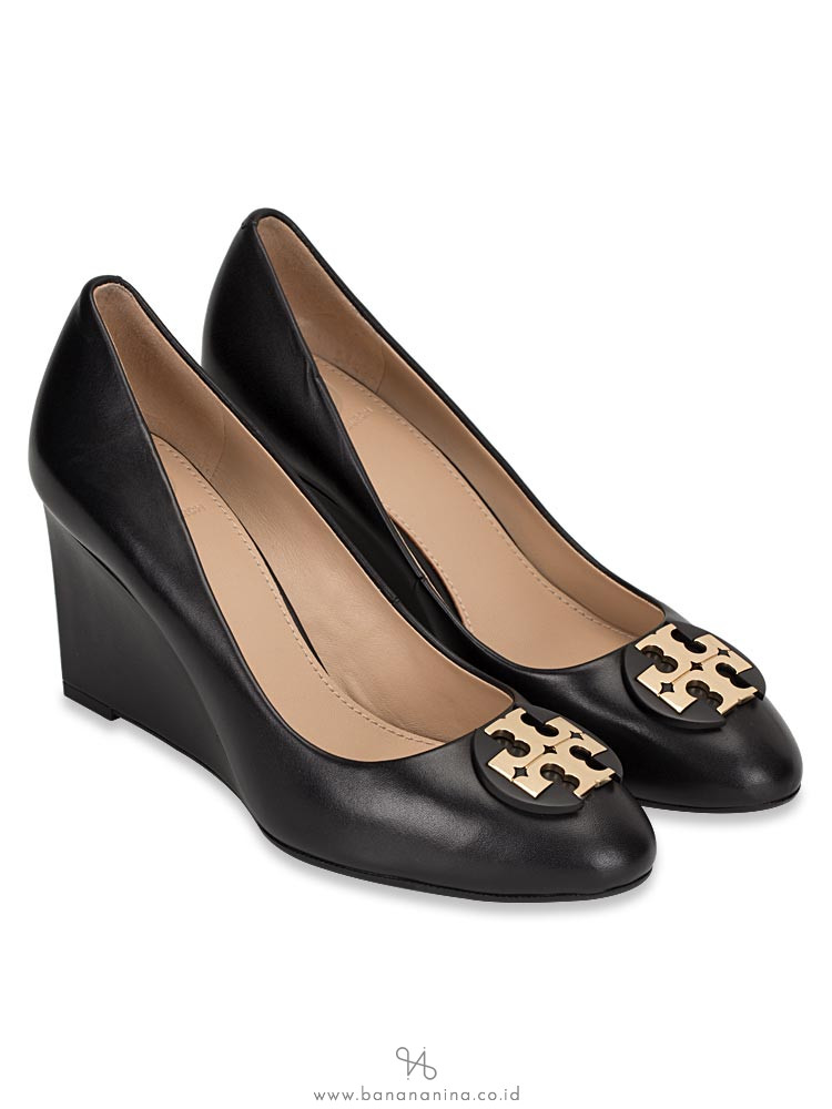 TORY BURCH Luna Leather Wedges Black Sz 7