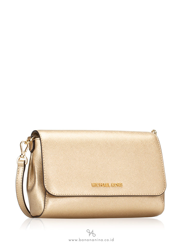 MICHAEL KORS Jet Set Item Medium Saffiano Pouchette Crossbody Pale Gold