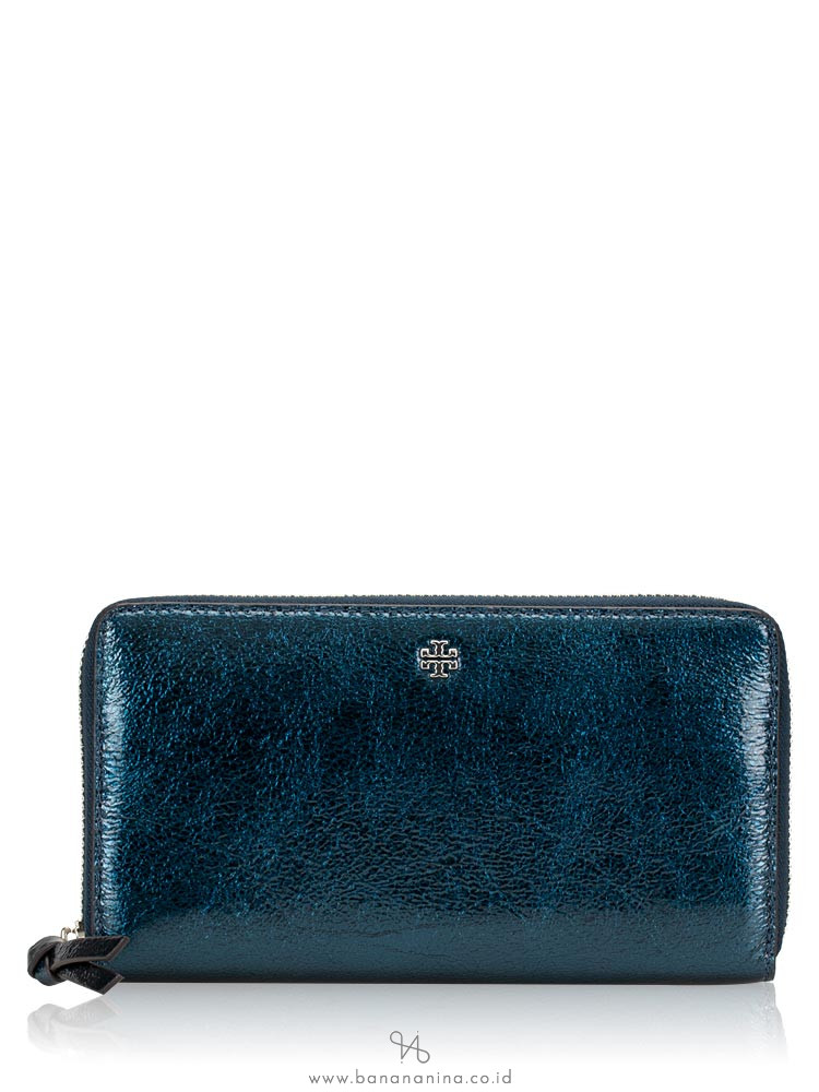 TORY BURCH Crinkle Metallic Leather Zip Wallet True Navy