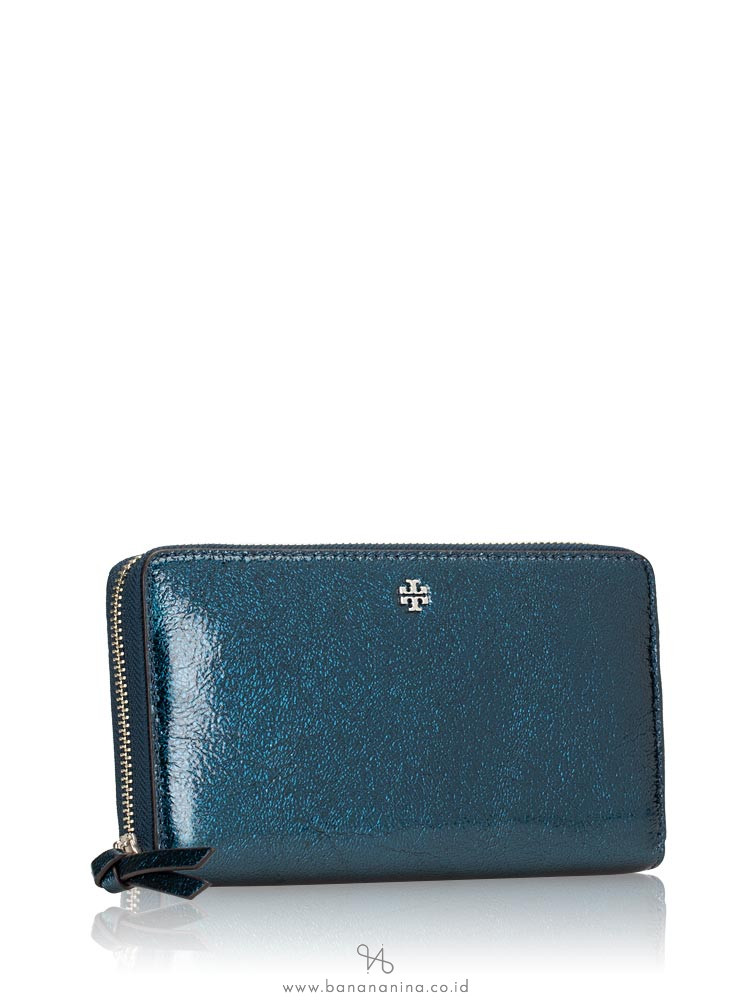TORY BURCH Crinkle Metallic Leather Zip Wallet True Navy