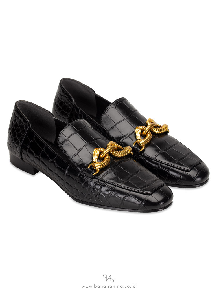 TORY BURCH Jessa Croco Emboss Horse Hardware Loafer Black Sz 5.5