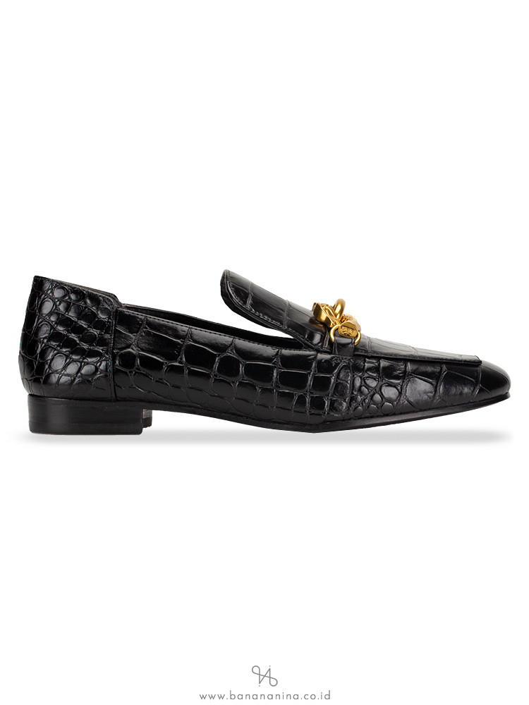 TORY BURCH Jessa Croco Emboss Horse Hardware Loafer Black Sz 5.5