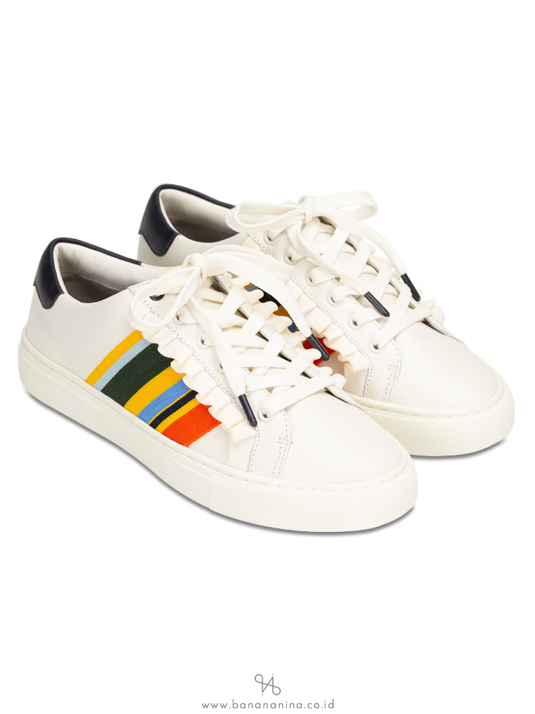 TORY SPORT Ruffle Leather Sneakers Ivory Stripe Sz 6.5