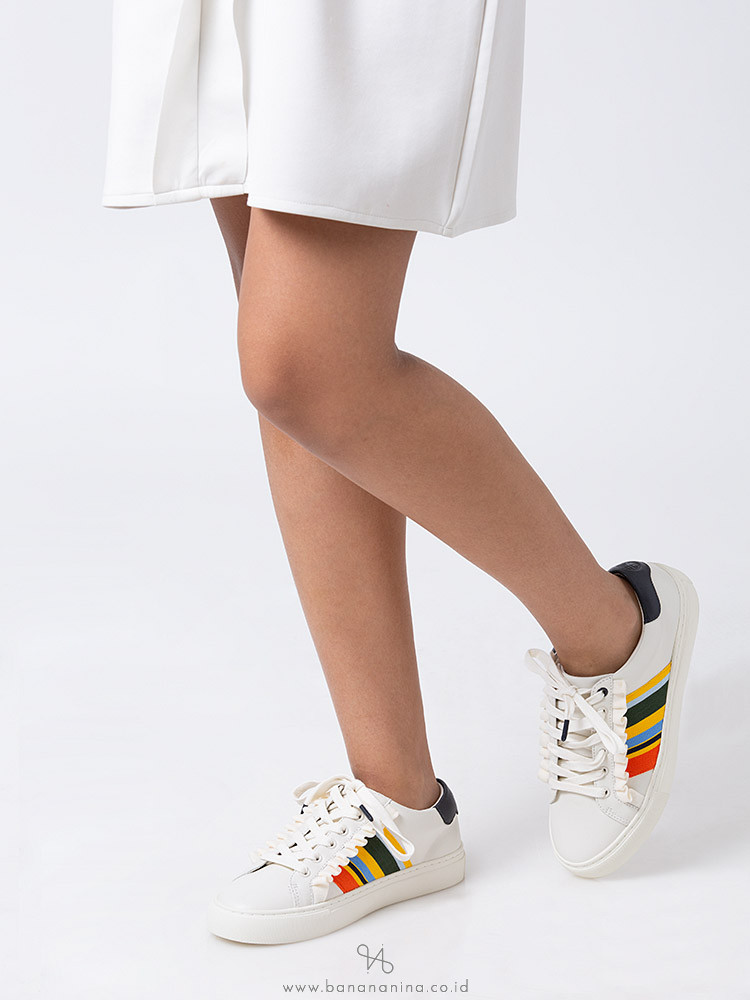 TORY SPORT Ruffle Leather Sneakers Ivory Stripe Sz 6.5