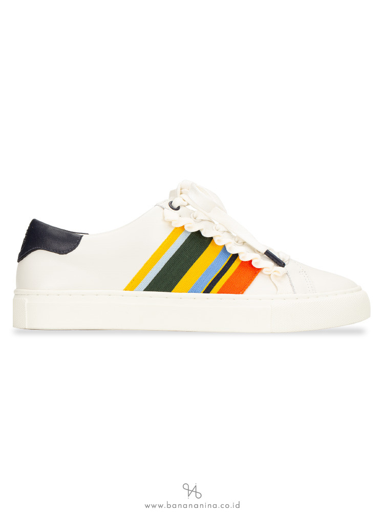 TORY SPORT Ruffle Leather Sneakers Ivory Stripe Sz 6.5