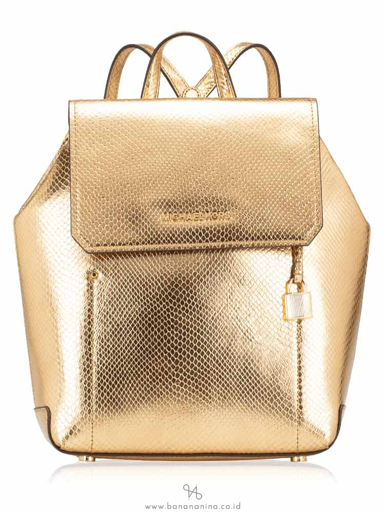 MICHAEL KORS Hayes Embossed Leather Medium Backpack Pale Gold Dark Khaki