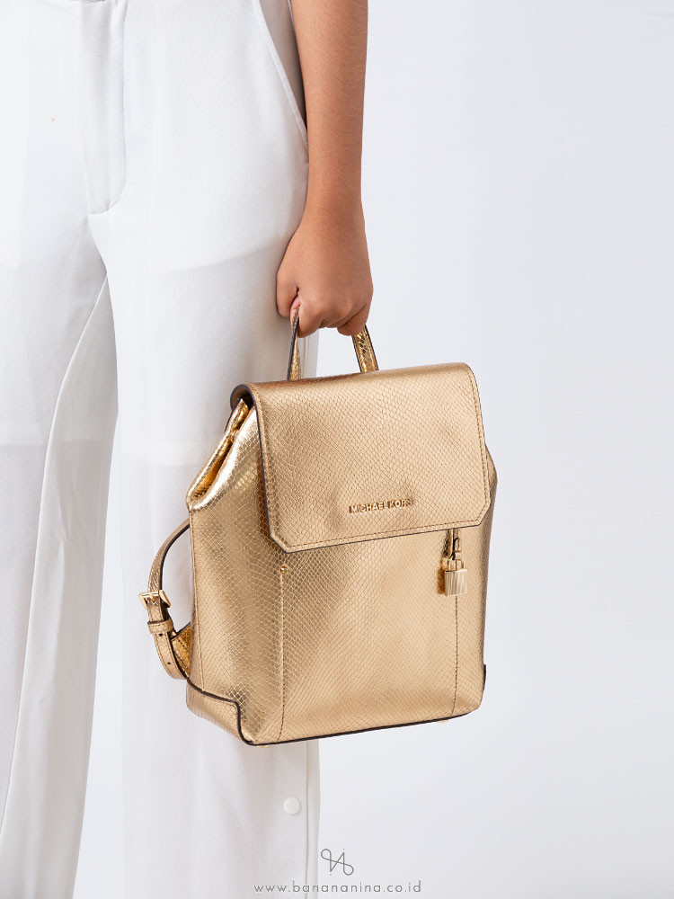 MICHAEL KORS Hayes Embossed Leather Medium Backpack Pale Gold Dark Khaki
