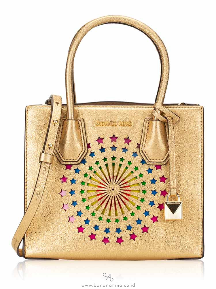 MICHAEL KORS Mercer Star Perforated Leather Medium Messenger Gold