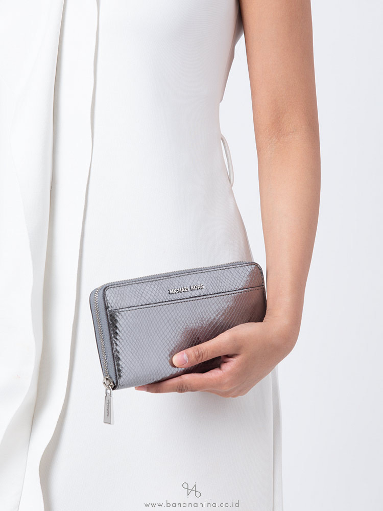 MICHAEL KORS Money Pieces Embossed Leather Zip Wallet Light Pewter