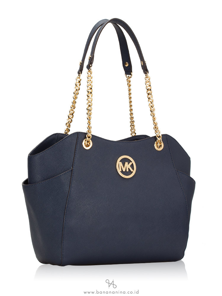 MICHAEL KORS Jet Set Travel Saffiano Large Chain Shoulder Tote Navy