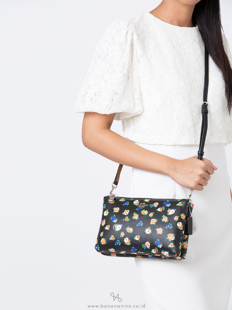 COACH 57628 Tea Rose Floral Lyla Double Zip Crossbody Black Multi