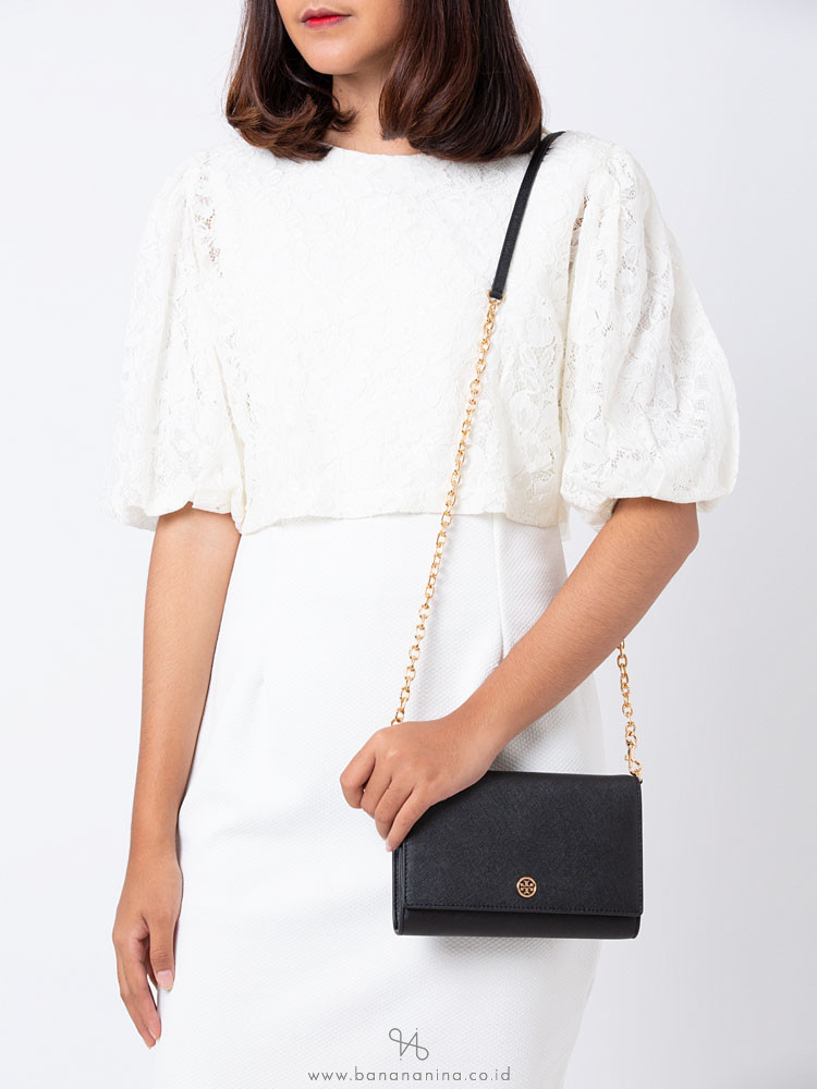 TORY BURCH Robinson Chain Wallet Black Royal Navy