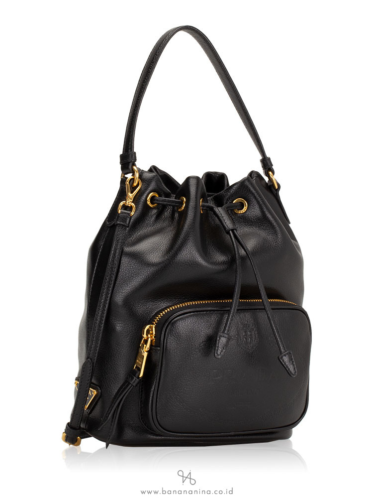 PRADA 1BH038 Glaze Calf Bucket Bag Nero