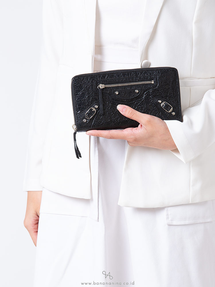 BALENCIAGA Classic Silver Zip Wallet Black
