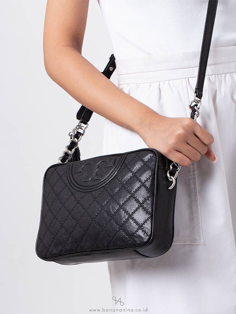 TORY BURCH Fleming Distressed Leather Camera Bag Black