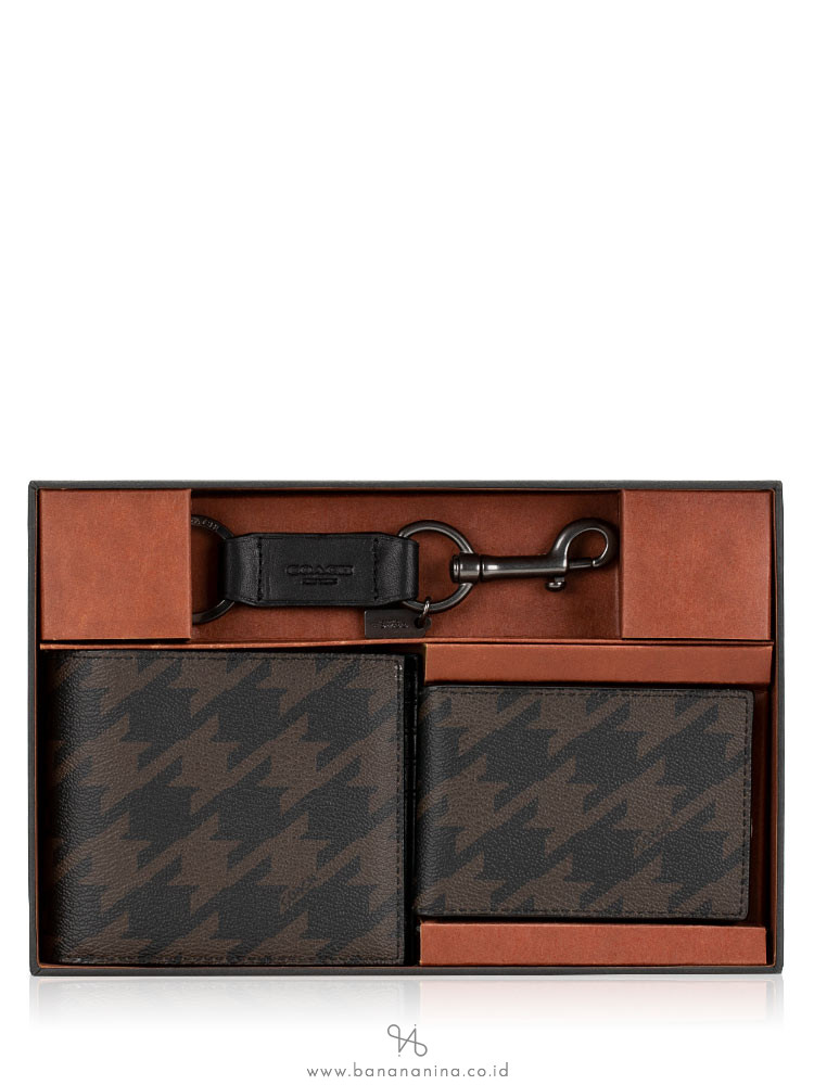 COACH Men 37885 Houndstooth Leather Compact ID Gift Set Grey Multi