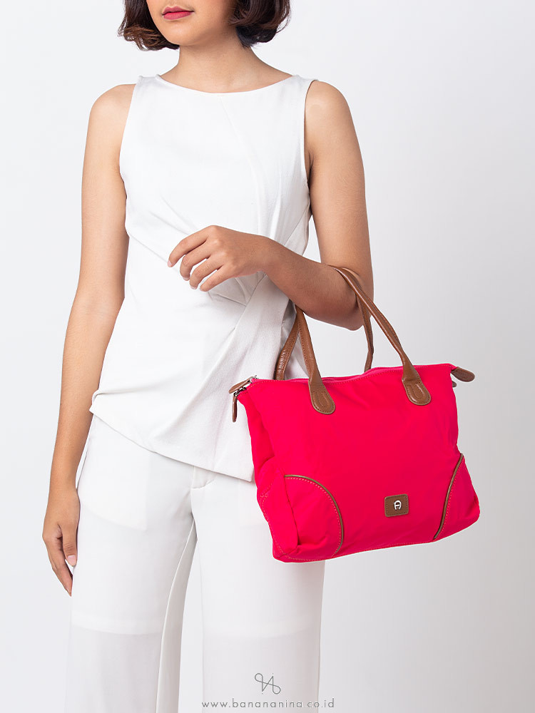 AIGNER Nylon Double Top Zip Tote Pitaya Pink
