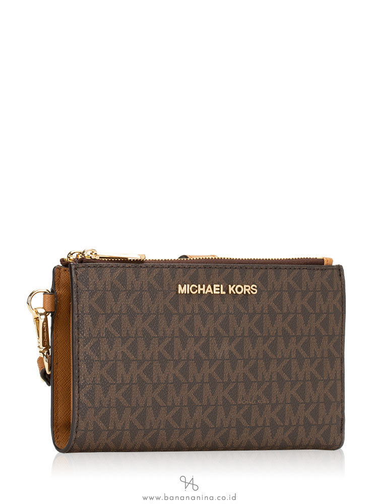 MICHAEL KORS Jet Set Monogram Double Zip Wristlet Brown Acorn