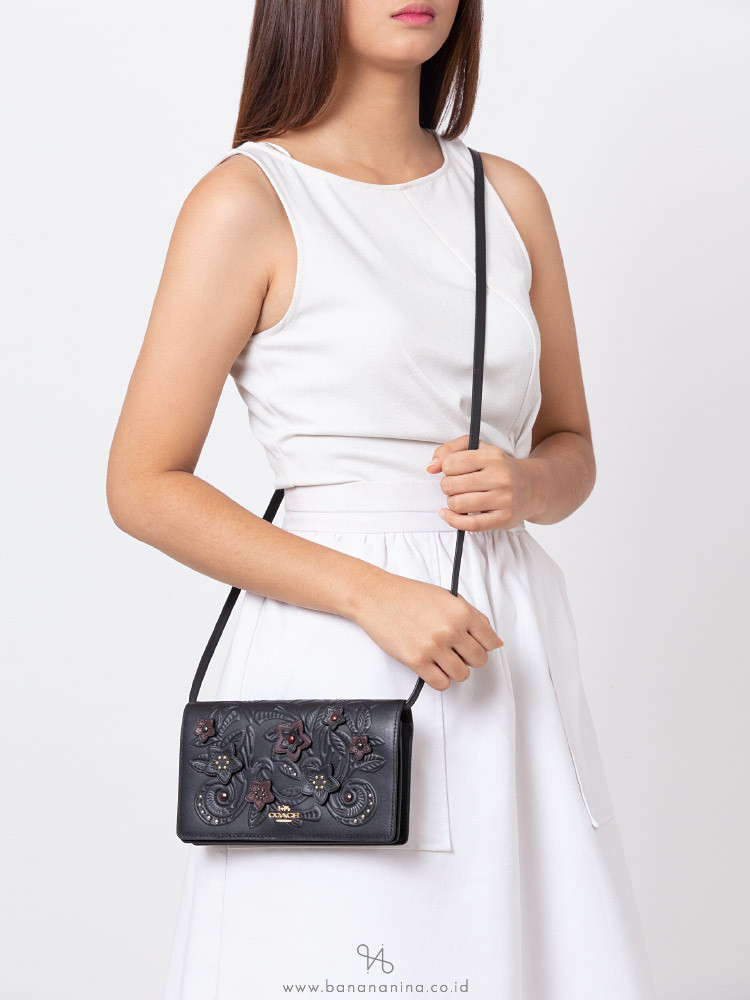 COACH 38636 Floral Tooling Leather Foldover Crossbody Clutch Black