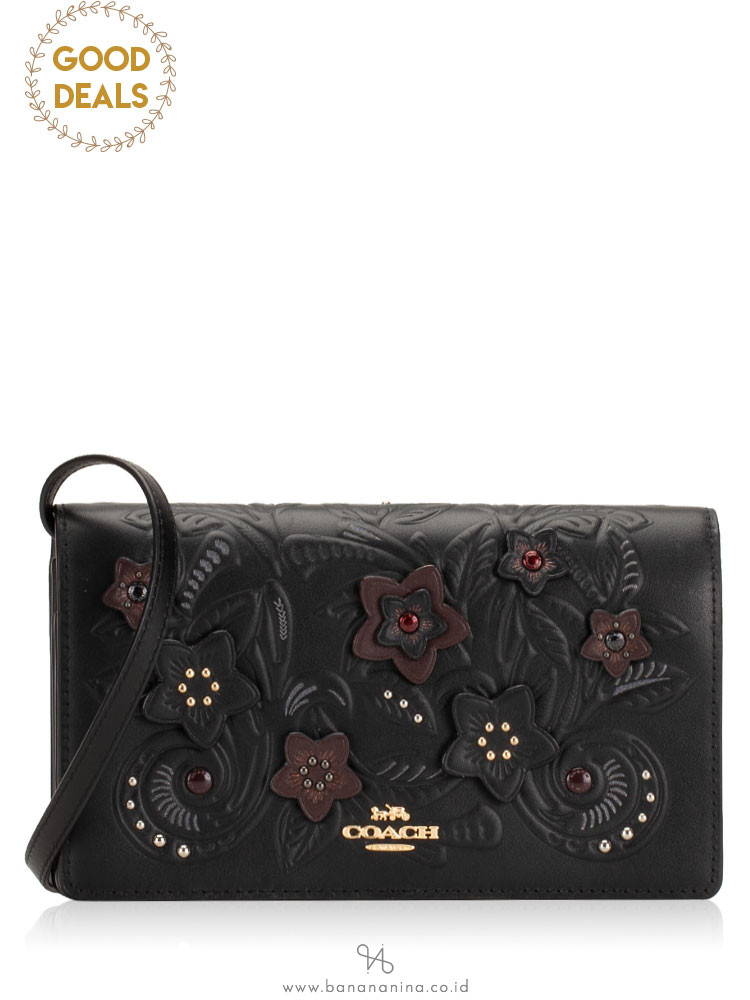 COACH 38636 Floral Tooling Leather Foldover Crossbody Clutch Black