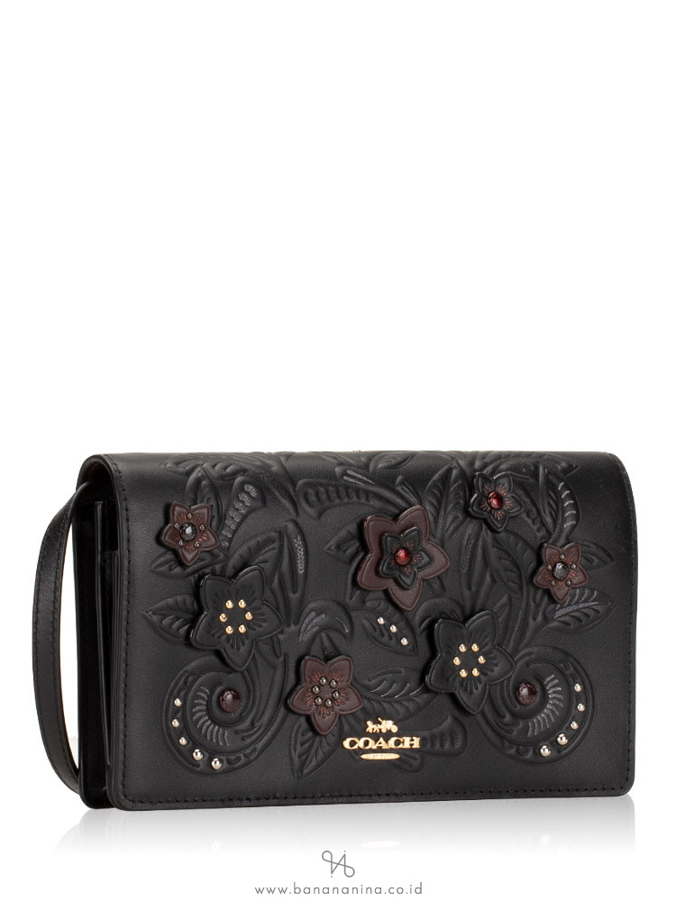 COACH 38636 Floral Tooling Leather Foldover Crossbody Clutch Black
