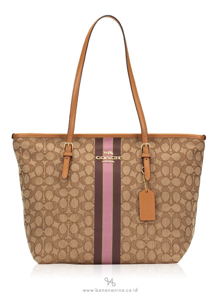 COACH 39043 Signature Jacquard Stripe Zip Tote Khaki Multi