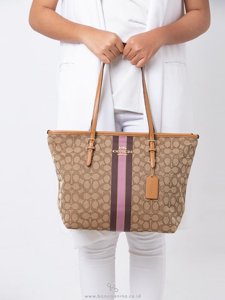 COACH 39043 Signature Jacquard Stripe Zip Tote Khaki Multi