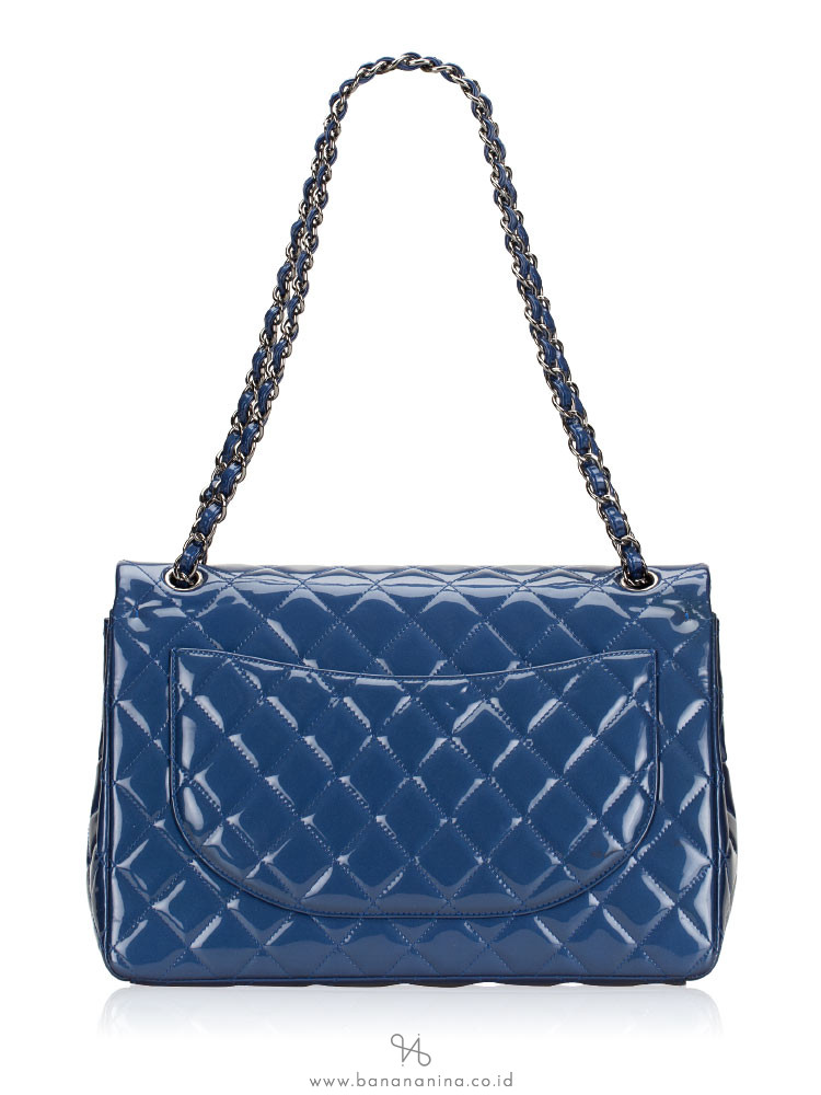 CHANEL Patent Leather Maxi Classic Double Flap Blue