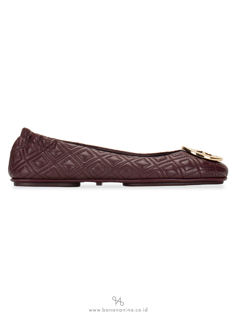 TORY BURCH Minnie Quilted Leather Flats Malbec Gold Sz 8