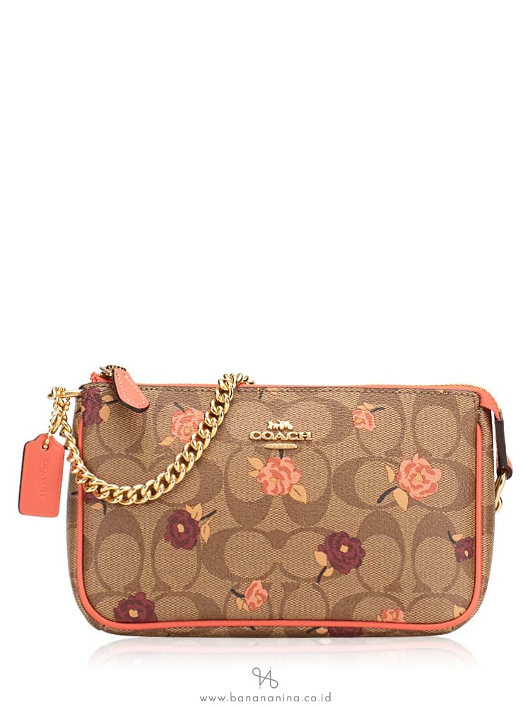 COACH 67532 Signature Tossed Peony Large Wristlet Khaki Pink Multi