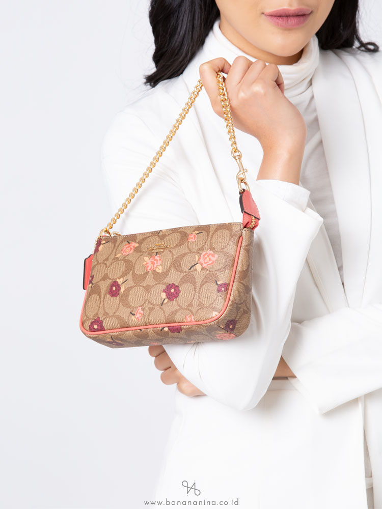 COACH 67532 Signature Tossed Peony Large Wristlet Khaki Pink Multi