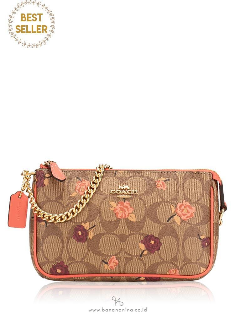 COACH 67532 Signature Tossed Peony Large Wristlet Khaki Pink Multi