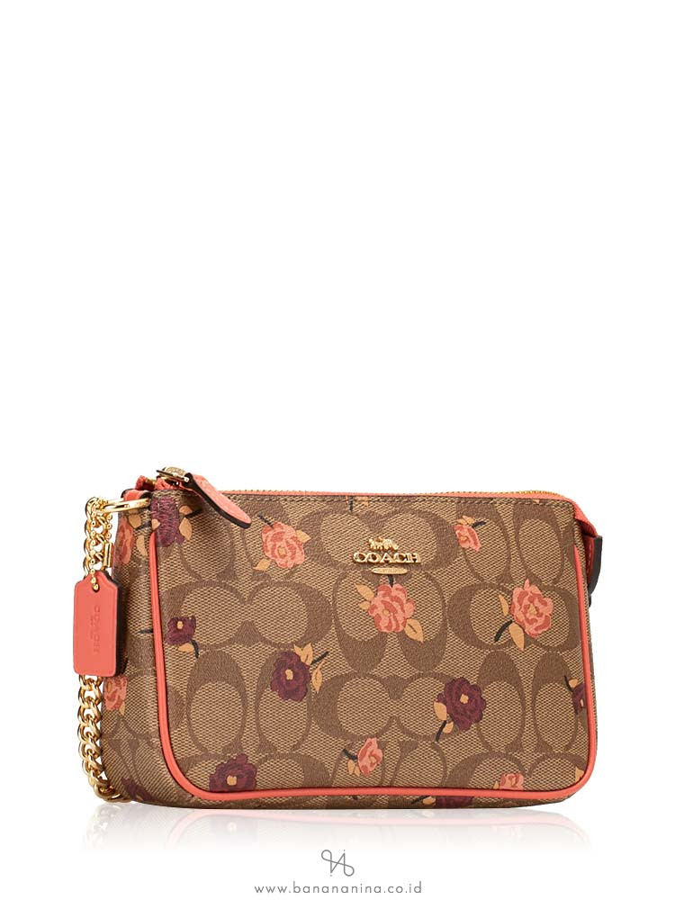 COACH 67532 Signature Tossed Peony Large Wristlet Khaki Pink Multi