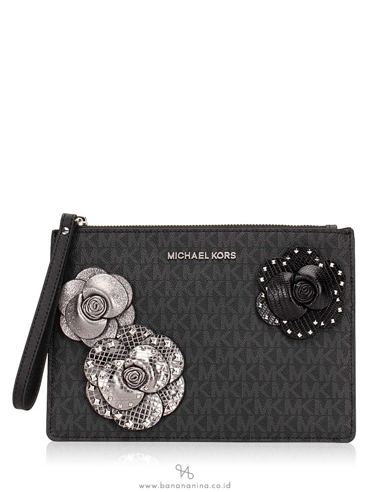 MICHAEL KORS Jet Set Signature Flower XL Zip Clutch Black