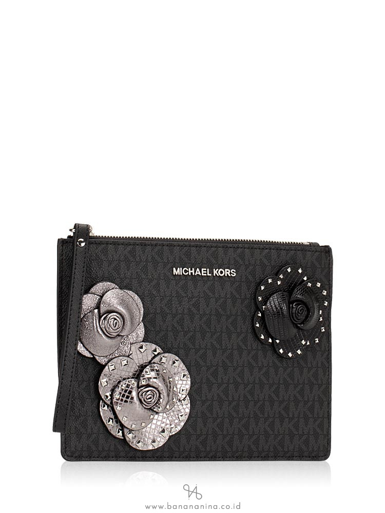 MICHAEL KORS Jet Set Signature Flower XL Zip Clutch Black