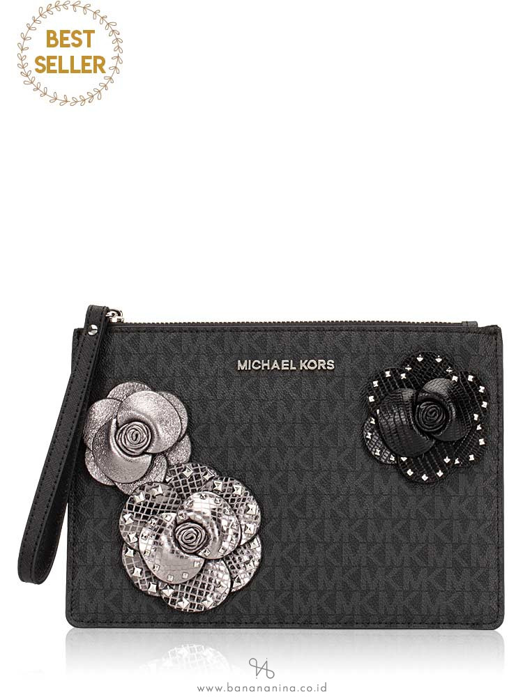 MICHAEL KORS Jet Set Signature Flower XL Zip Clutch Black