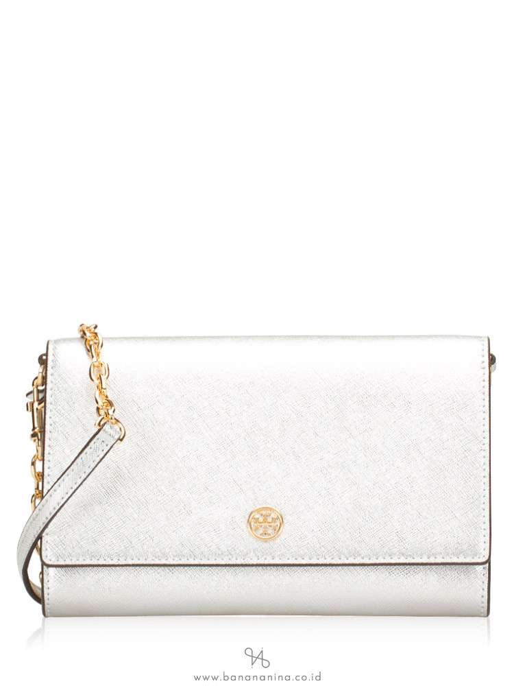 TORY BURCH Robinson Metallic Chain Wallet Silver