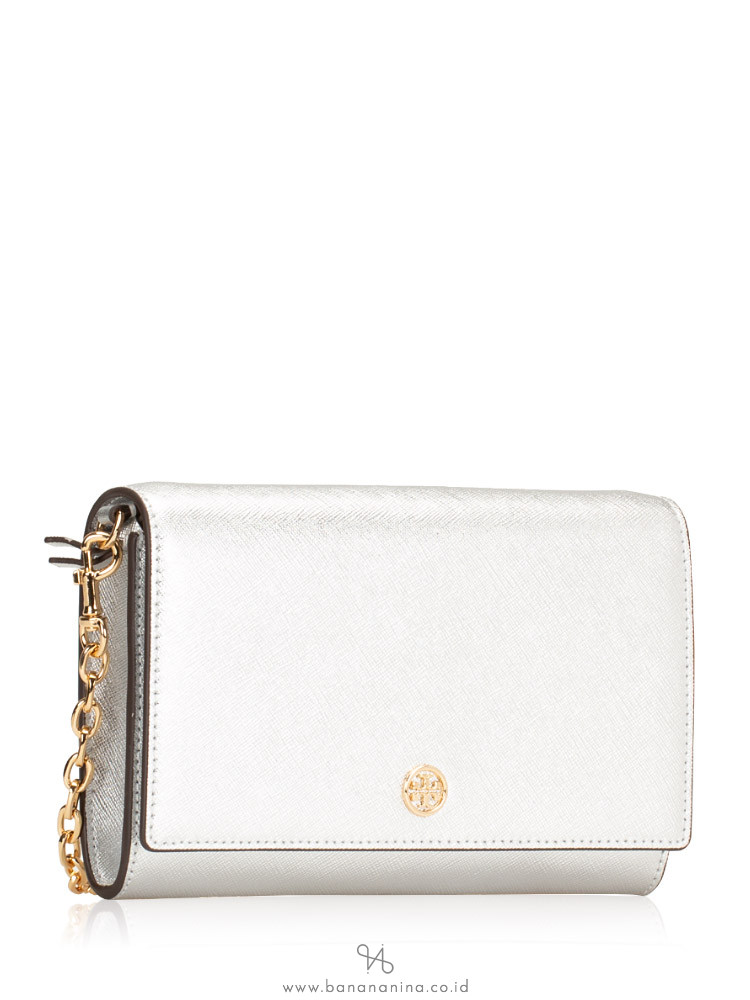 TORY BURCH Robinson Metallic Chain Wallet Silver