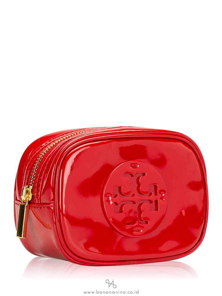 TORY BURCH Stacked Logo Patent Small Cosmetic Case Liberty Red