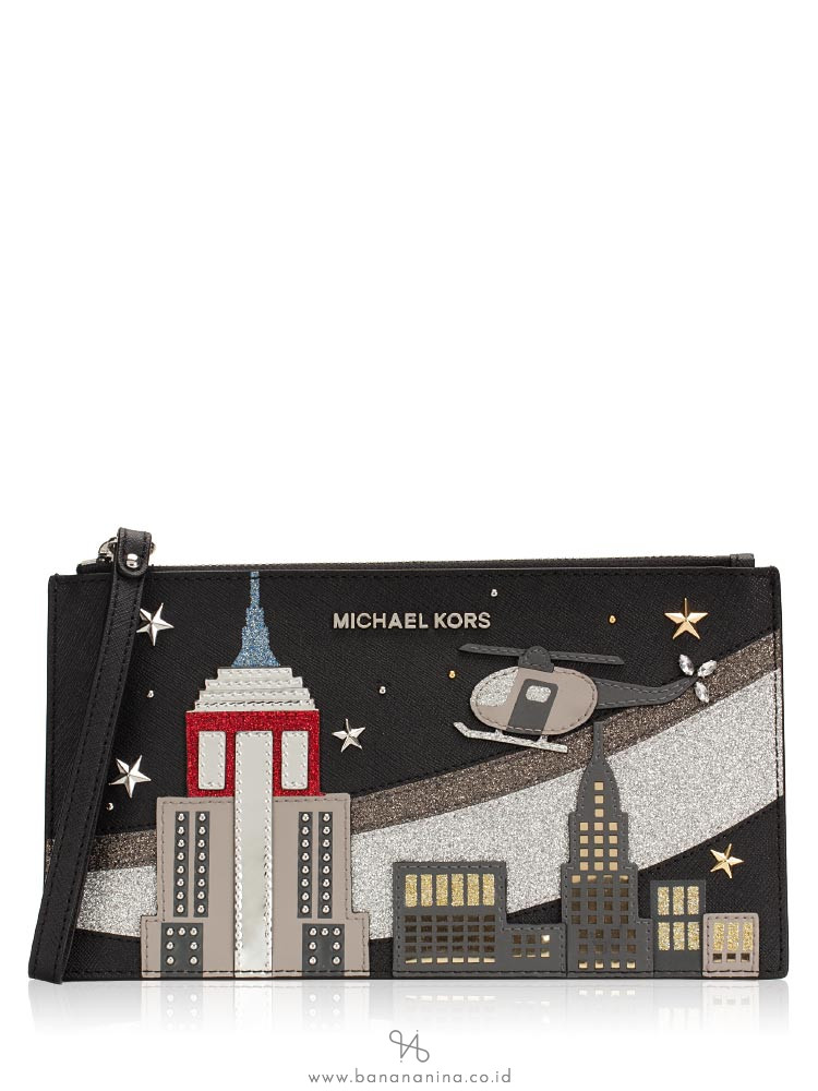 MICHAEL KORS Jet Set Nouveau Novelty XL Zip Clutch Black