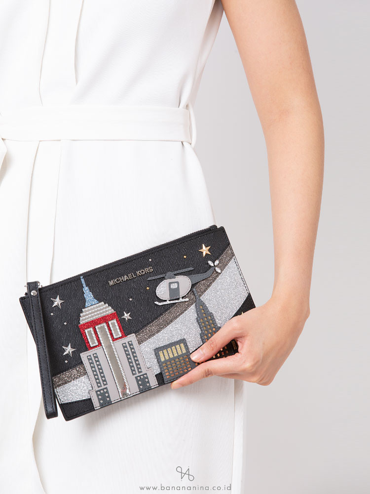 MICHAEL KORS Jet Set Nouveau Novelty XL Zip Clutch Black