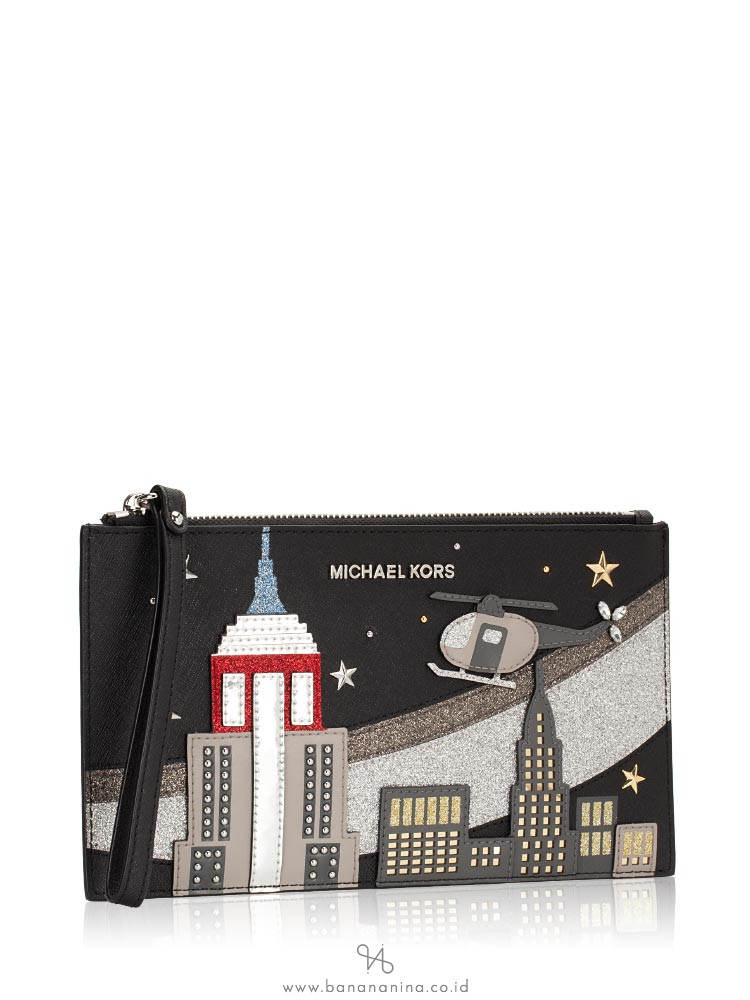MICHAEL KORS Jet Set Nouveau Novelty XL Zip Clutch Black