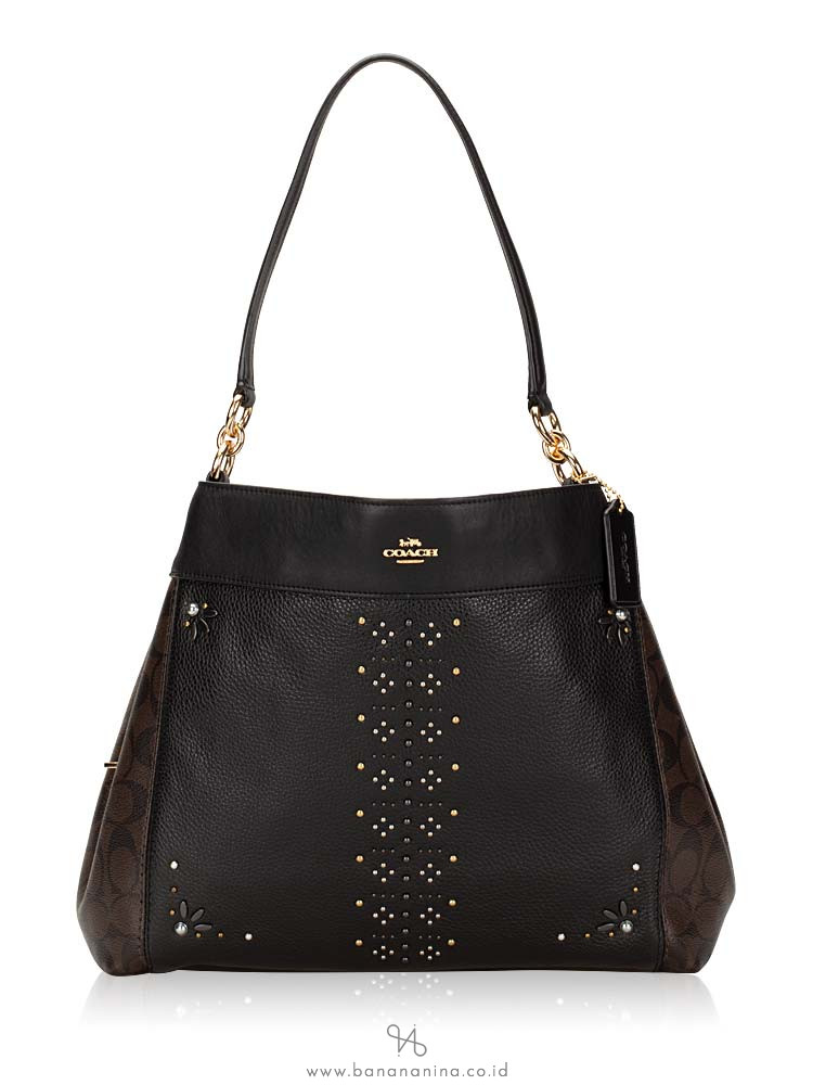 COACH 32977 Signature Leather Rivets Lexy Shoulder Bag Brown Black Multi
