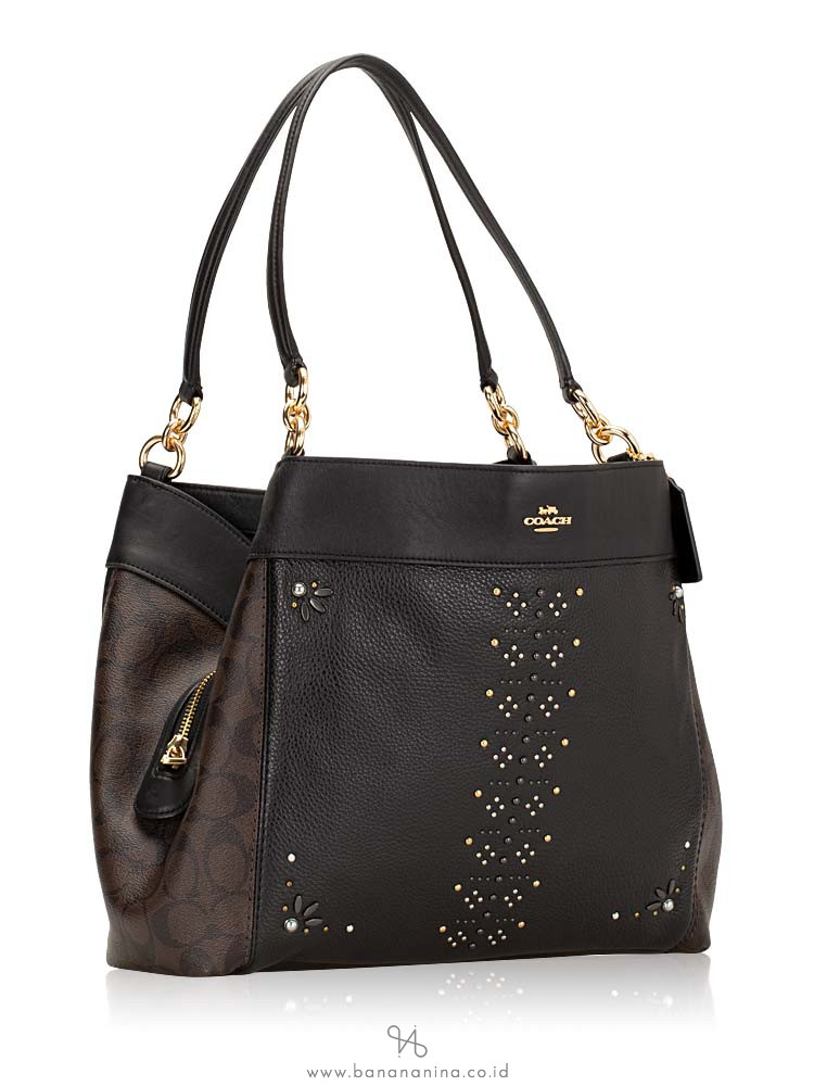 COACH 32977 Signature Leather Rivets Lexy Shoulder Bag Brown Black Multi